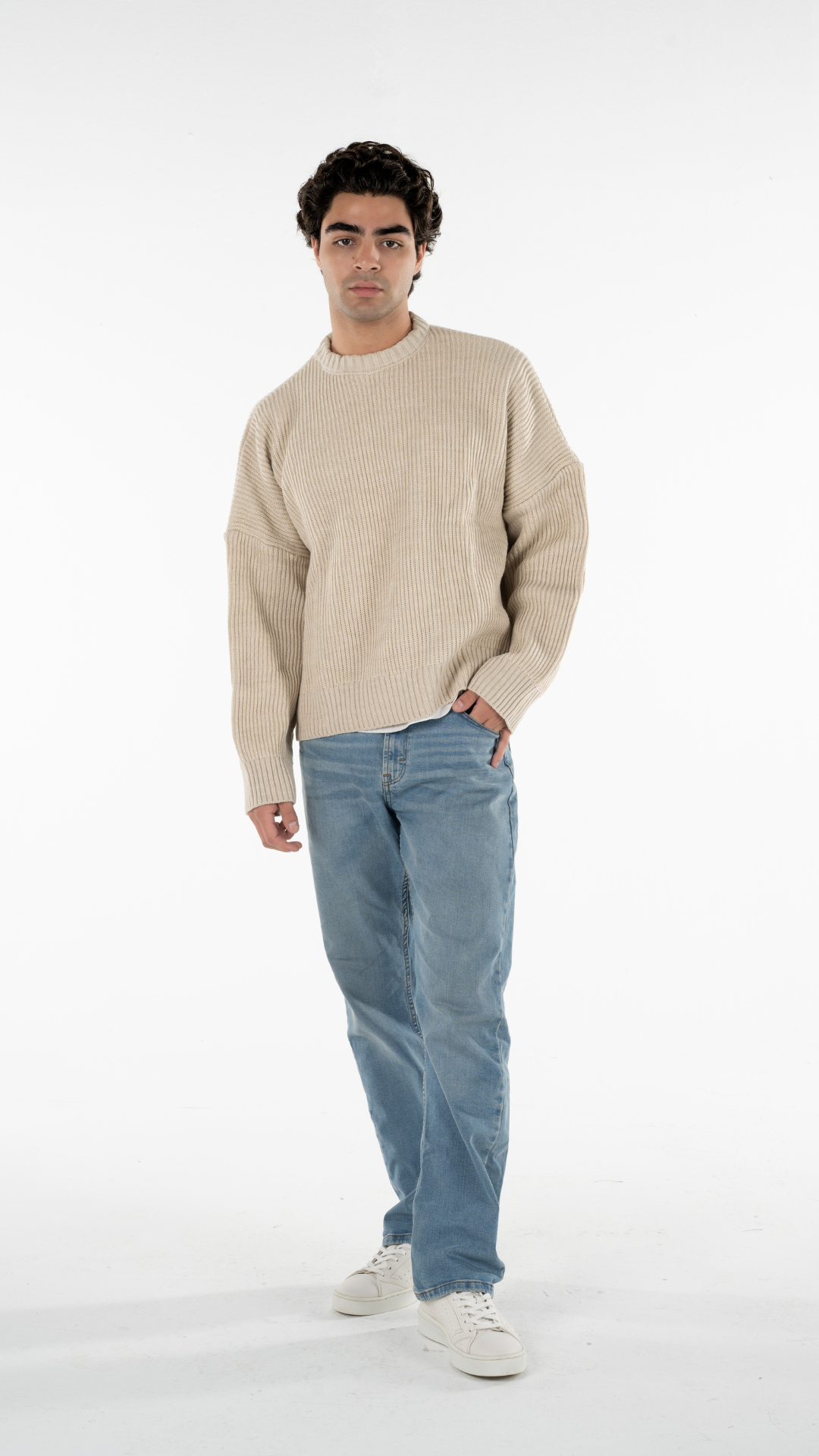 Beige Knitted Cropped Sweater