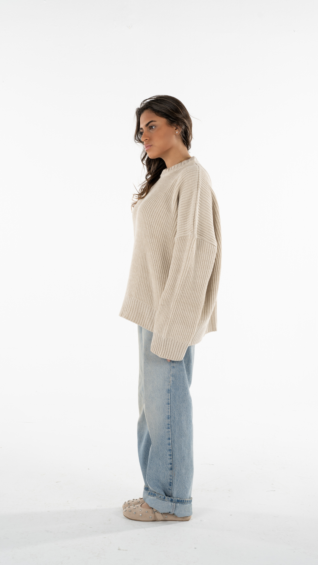 Beige Knitted Cropped Sweater